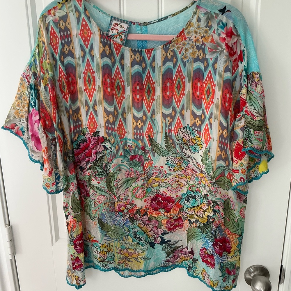 Johnny Was Multicolor Floral Geometric Blouse